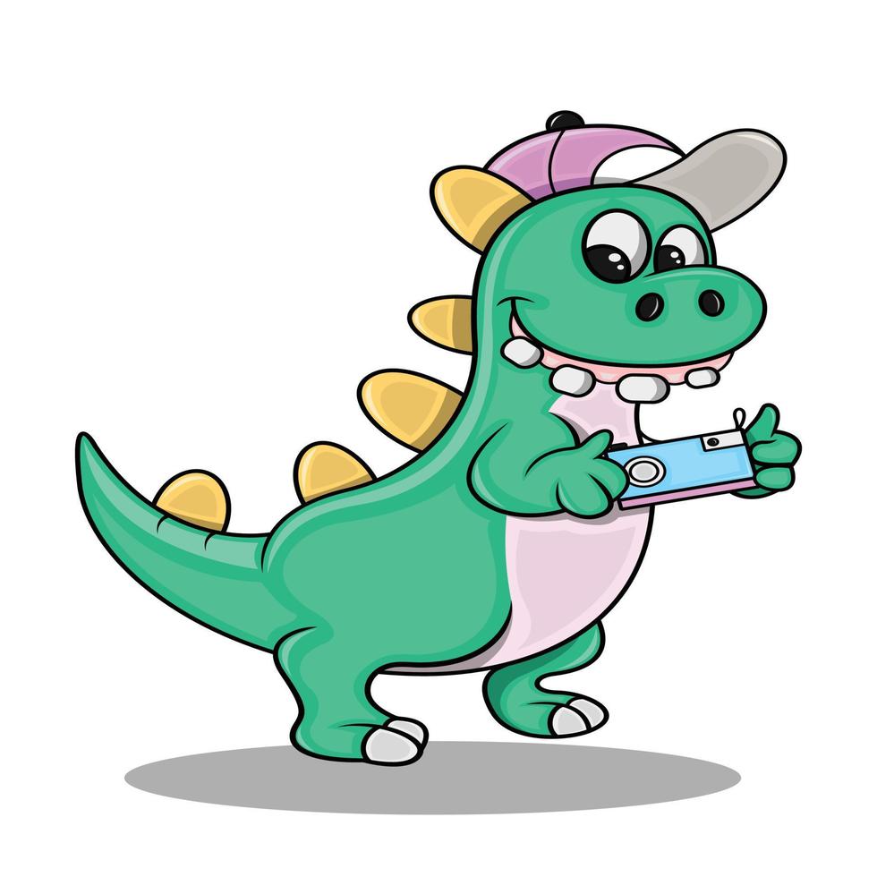 cartoon cute dinosaur holding photo camera vector