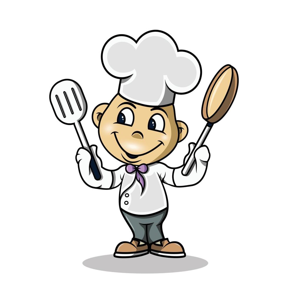 un lindo chef sosteniendo una pajita y una sartén vector