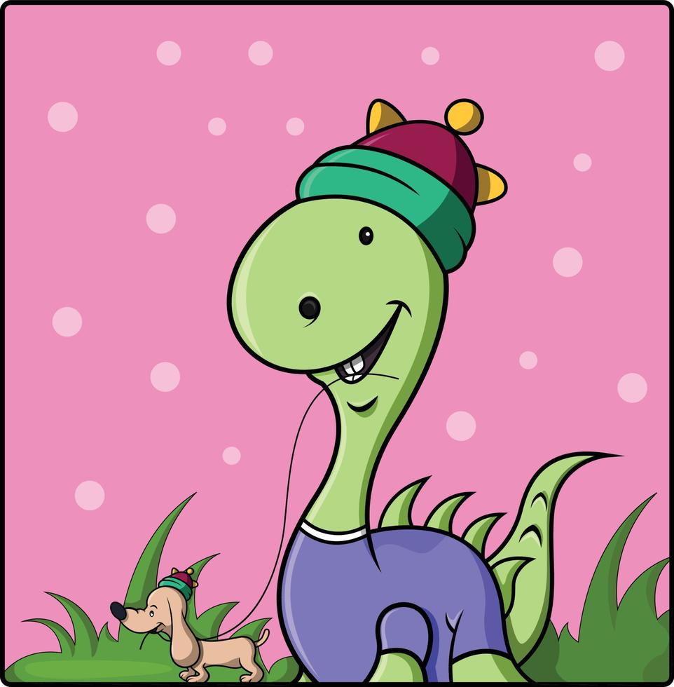 cute dino is walking with a dog 7953240 Vector Art at Vecteezy