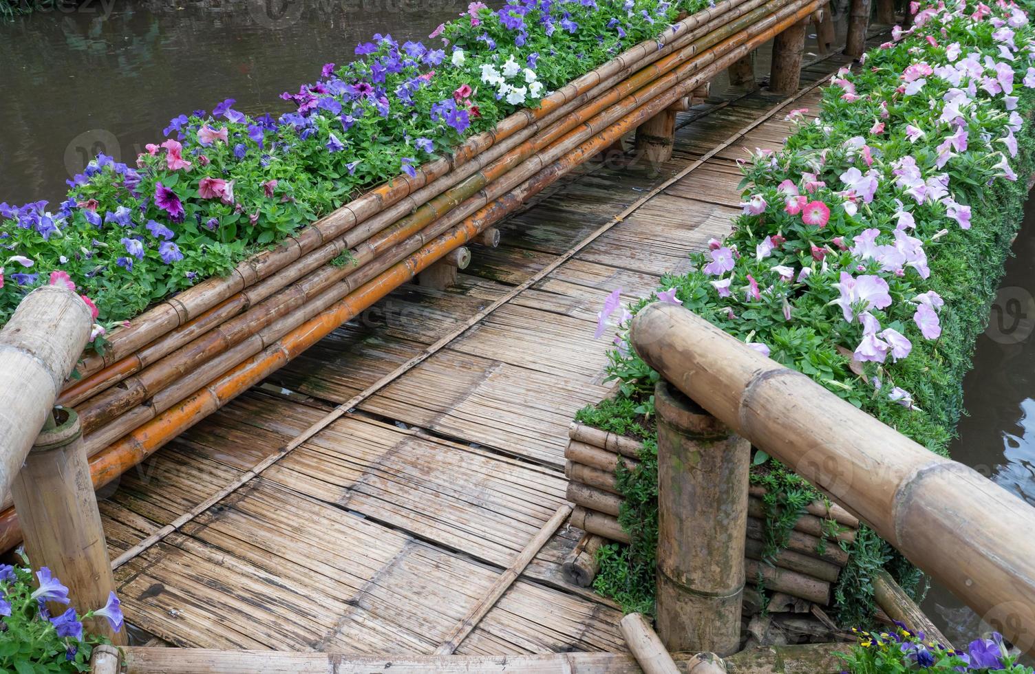 Old bamboo bridge with the flower row. photo