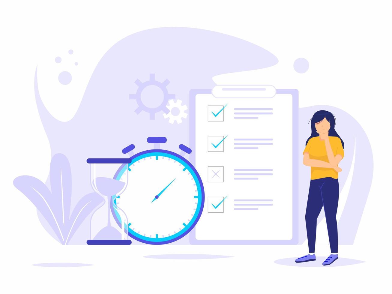 People planning concept. Entrepreneurship and planning a time schedule by filling in a time schedule. Vector illustration of woman thinking time for business and organizing office work processes.