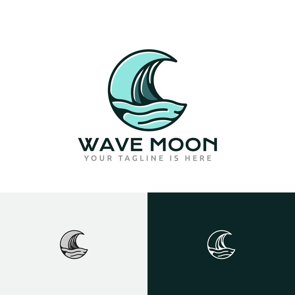 ola luna creciente playa bahía costa mar noche naturaleza logo vector