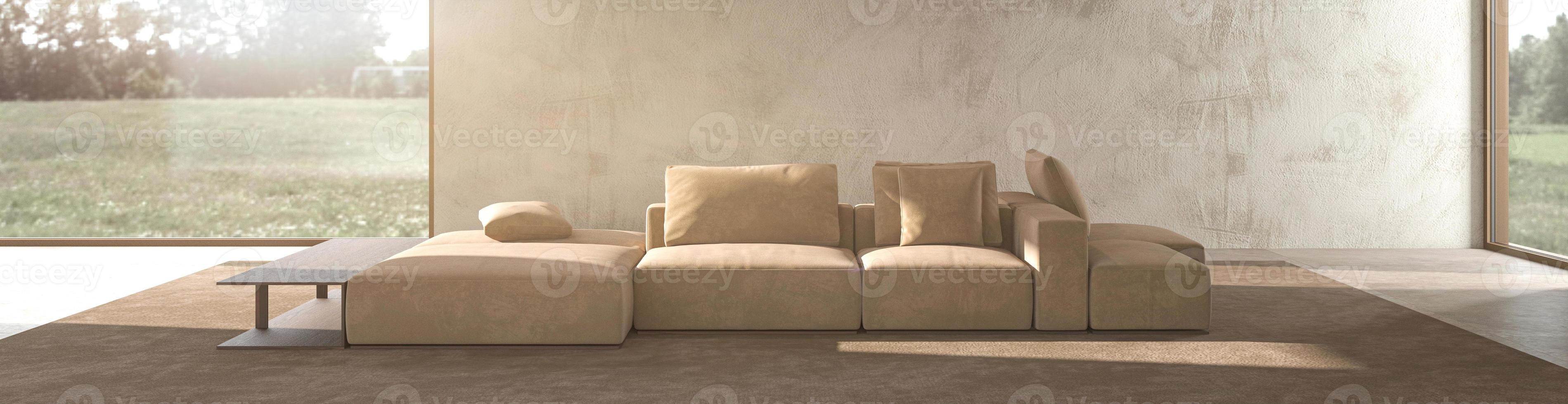 minimalismo interior moderno diseño escandinavo. sala de estar de estudio luminosa con maqueta de pared de yeso. ventanas panorámicas con vista a la naturaleza, sofá modular y gran lámpara de madera. ilustración de representación 3d. foto