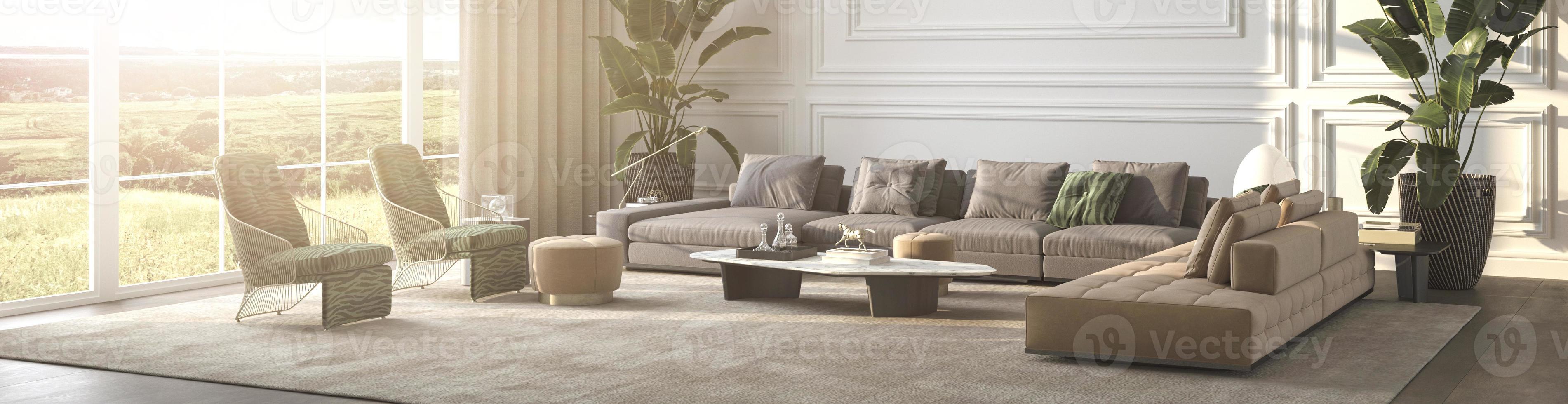 Modern luxury interior background with panoramic windows and nature plants view. Design living room with classic window. 3d render illustration. photo