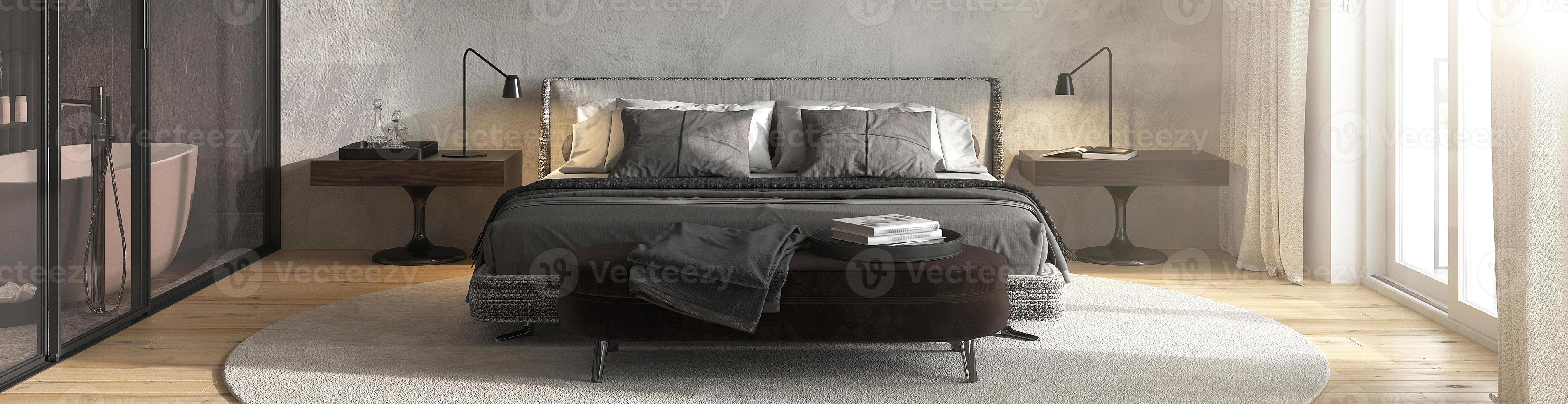 Minimalism modern interior design bedroom with panoramic windows. Glass partition separates bedroom from bathroom. Contemporary bed with bedside bench. 3d rendering. 3d illustration. photo