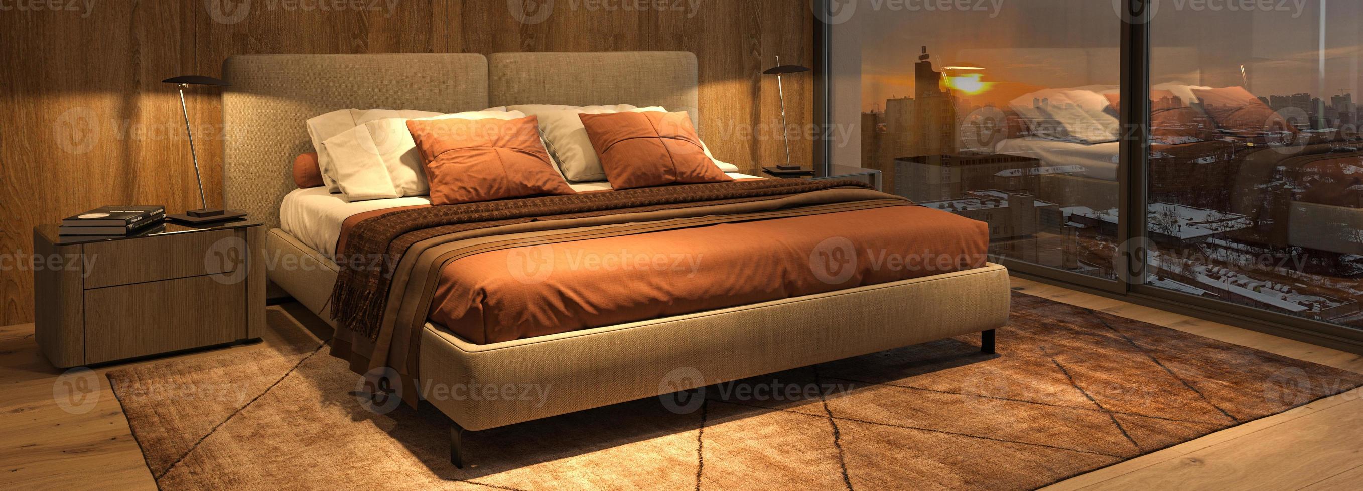 Modern luxury beautiful interior with panoramic windows. Design bedroom with bright night lighting and sunset. 3d render illustration. photo