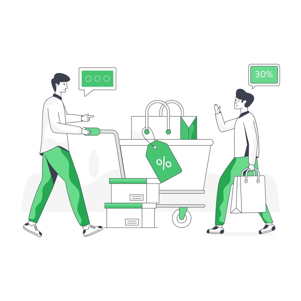 Persons buying products, flat illustration of shopping trolley vector