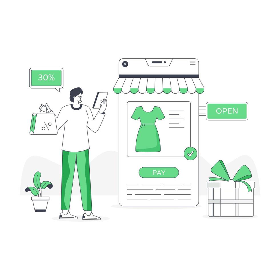 Person using mobile for online shopping, flat illustration vector