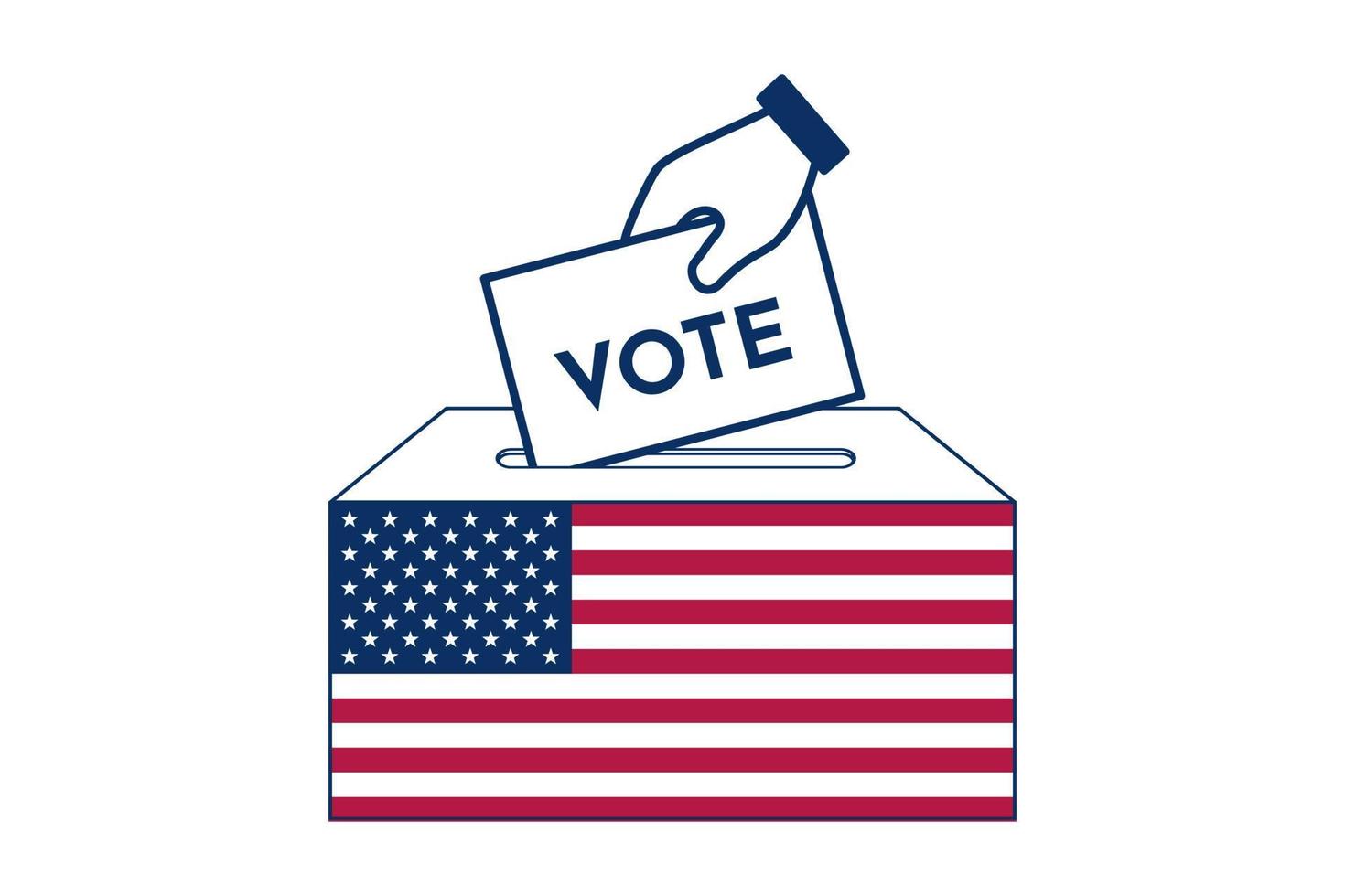 Hand putting voting paper in the ballot box with USA flag. Voting icon. vector illustration