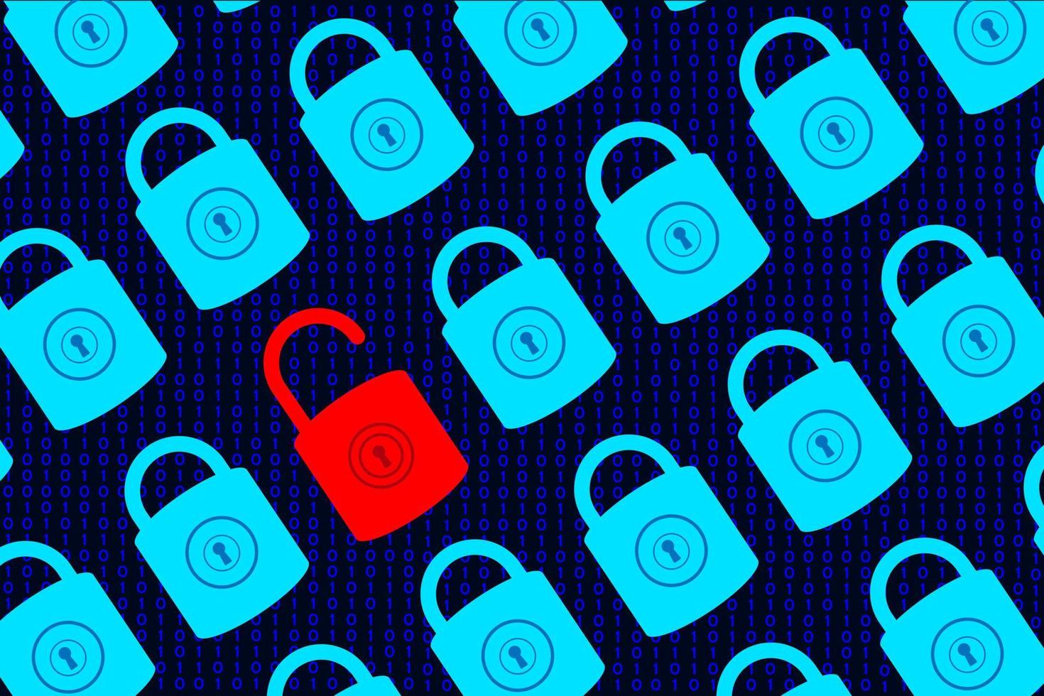 Broken Data security or privacy concept. Pattern of closed padlocks and Opened padlock on binary code background. Cybercrime hacker attack. Vector illustration