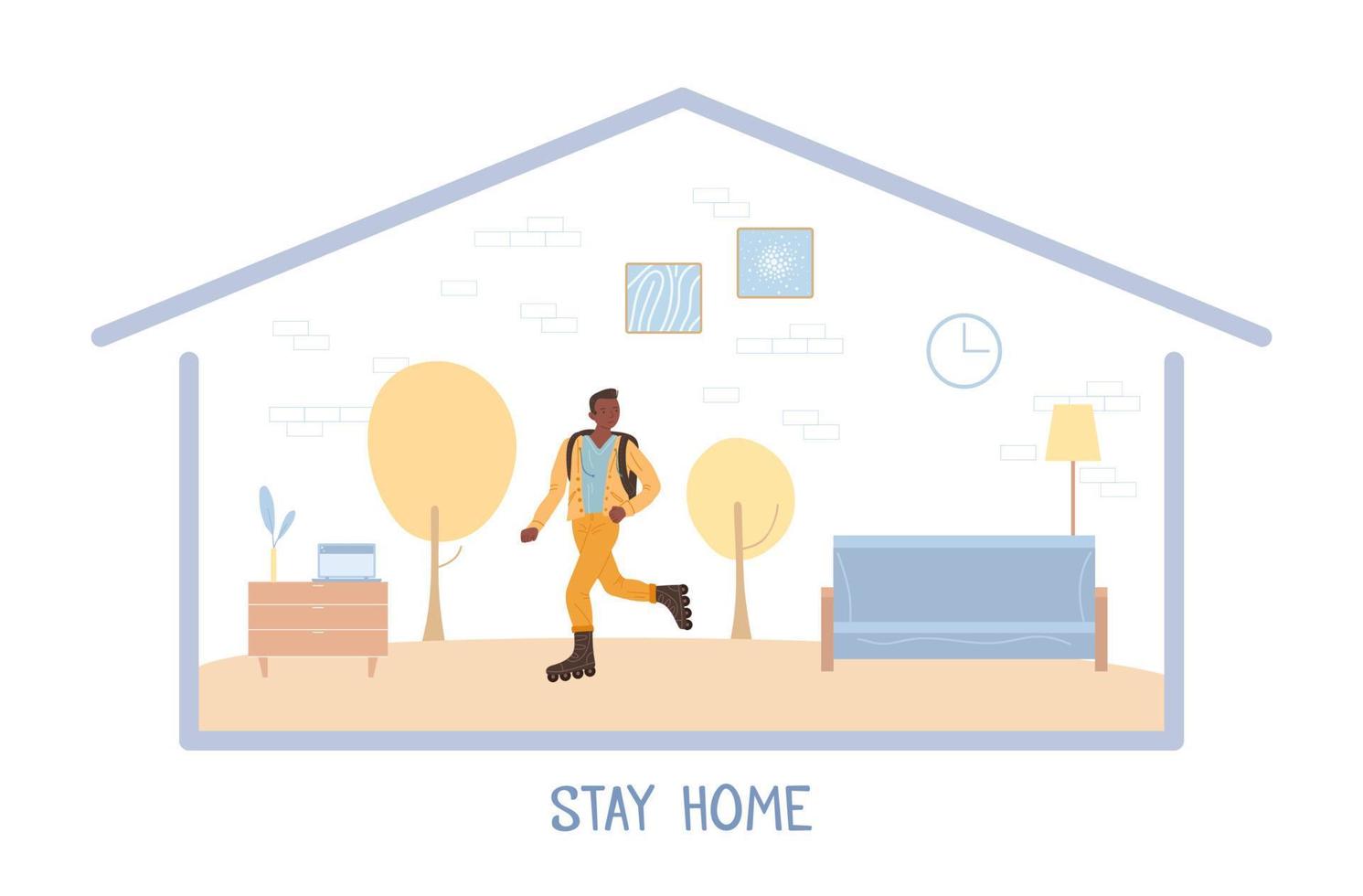 Teenager roller skater stay home motivate poster vector