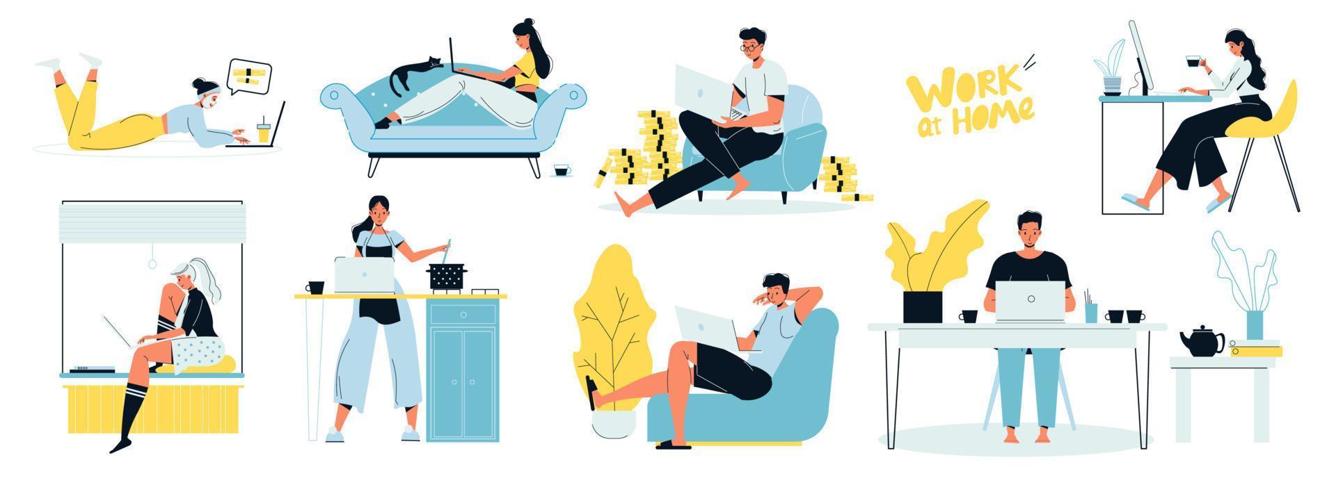People freelancer working on laptop at home set vector