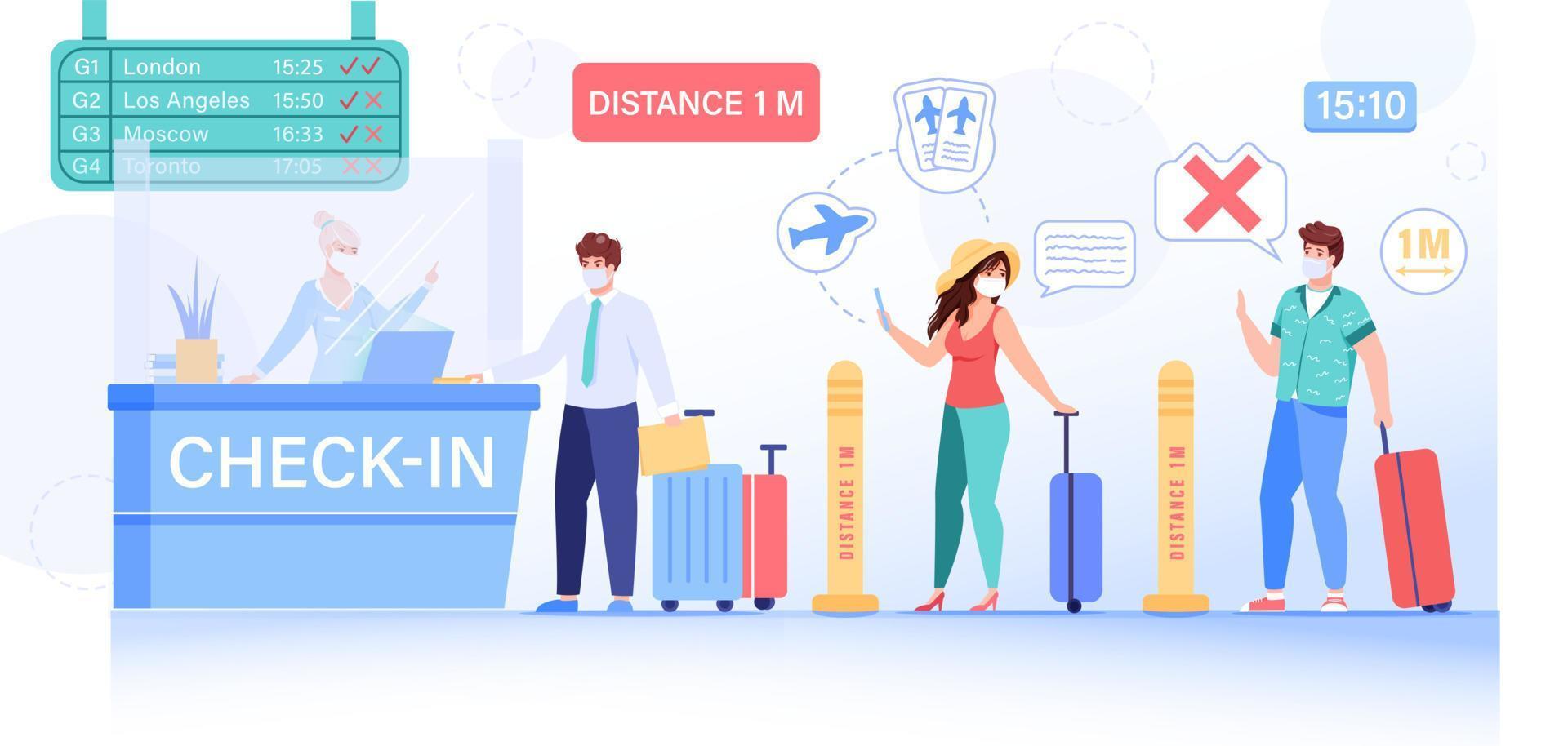 People safe social distance at airport check-in vector