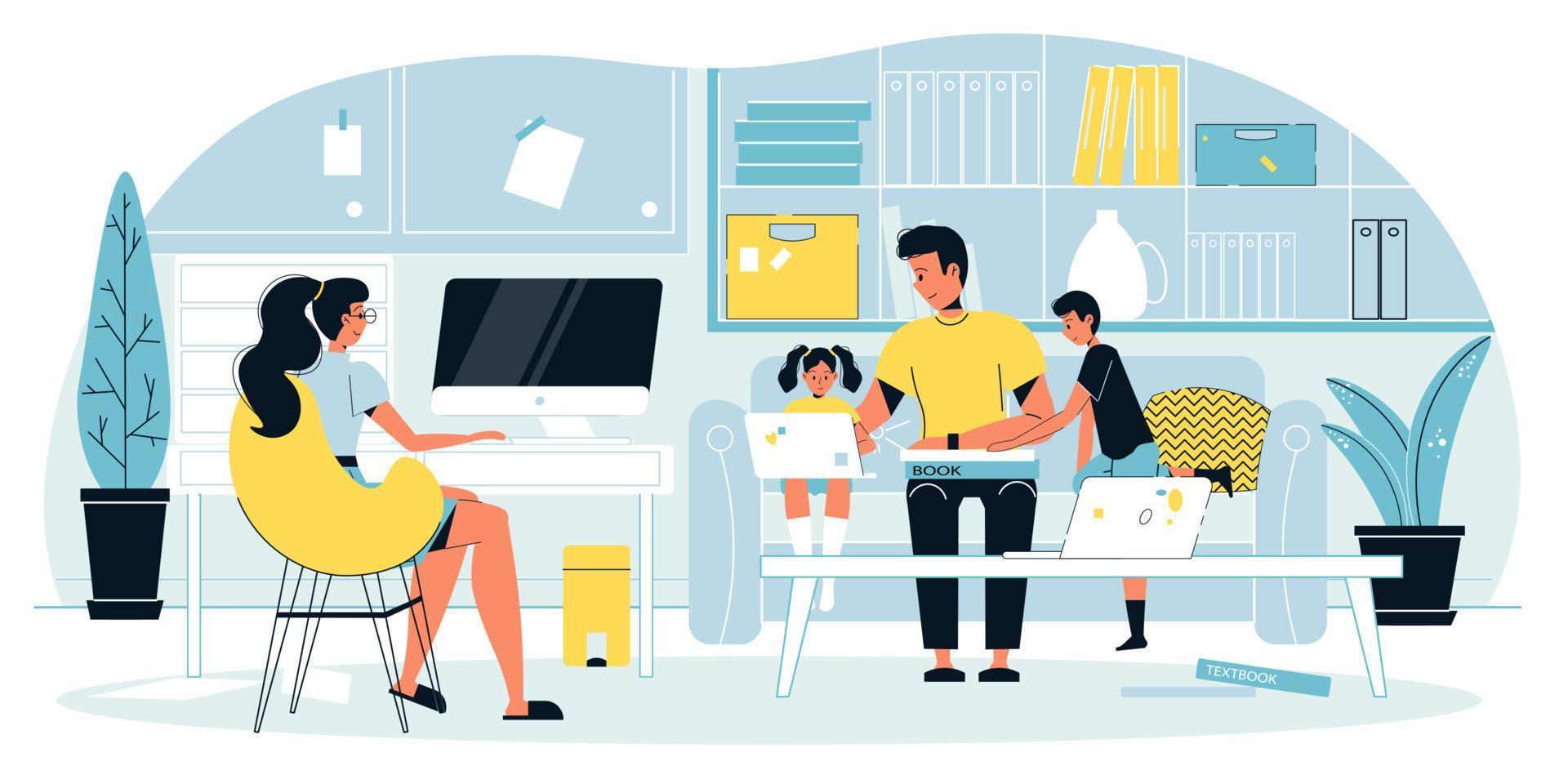 Mother freelancer engaged in online work at home vector
