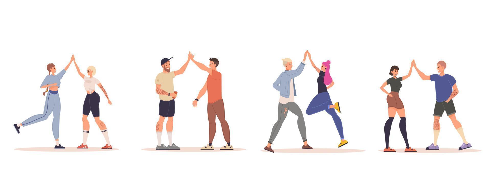 Happy people friends giving high five isolated set vector