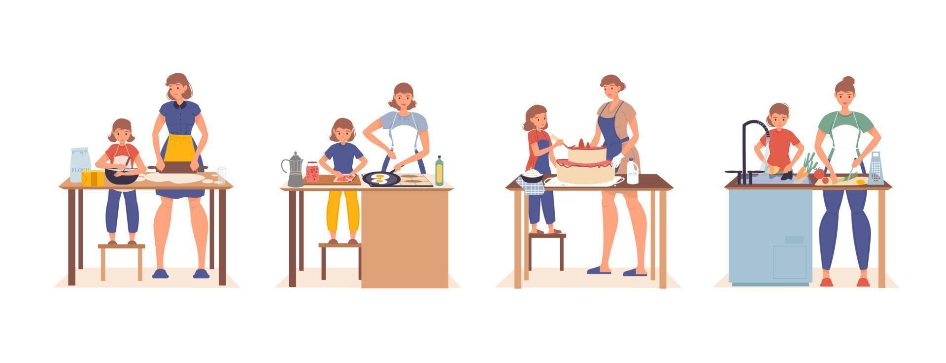 Mother daughter family cooking in home kitchen set vector