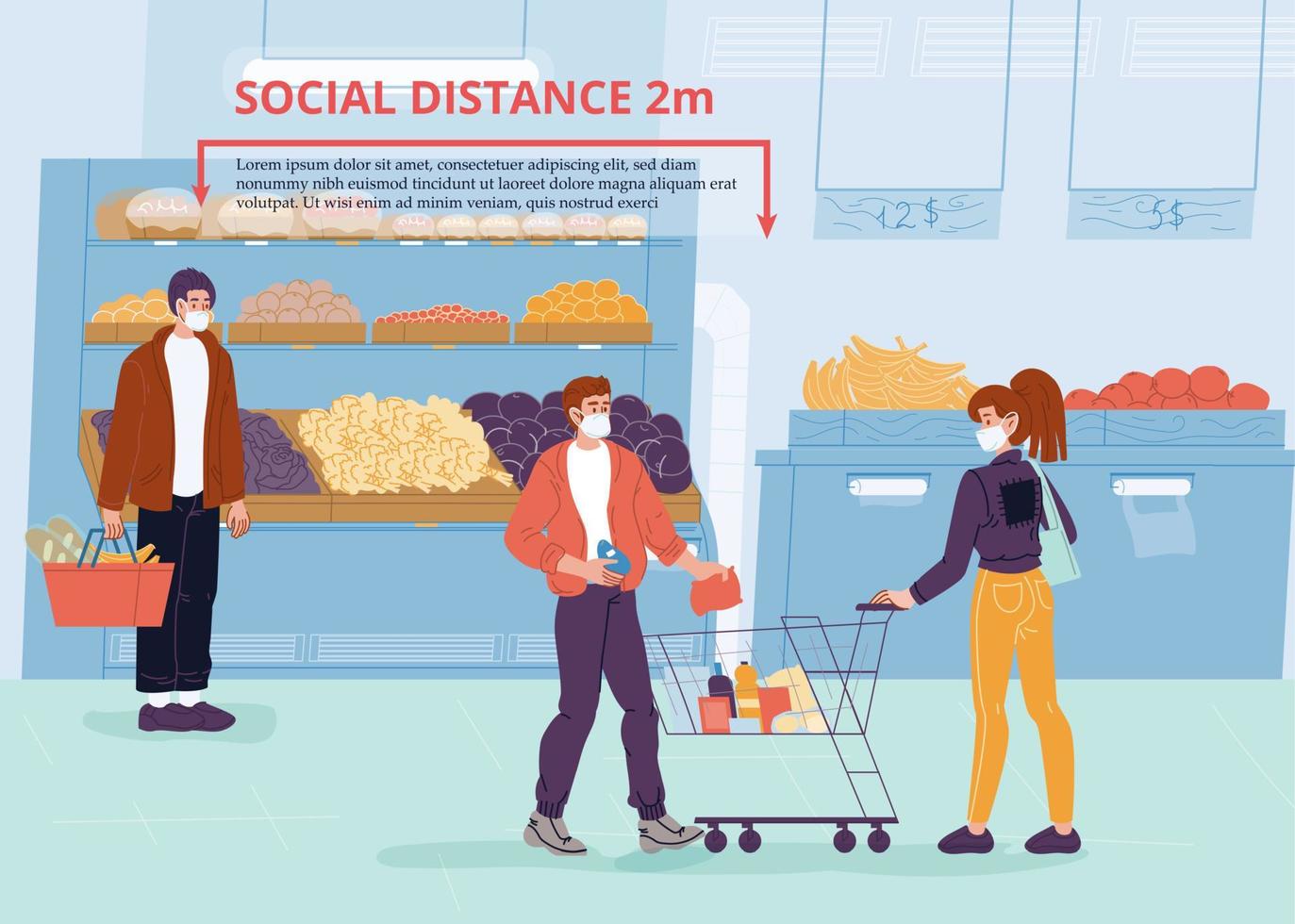 People in mask social distancing at grocery shop vector