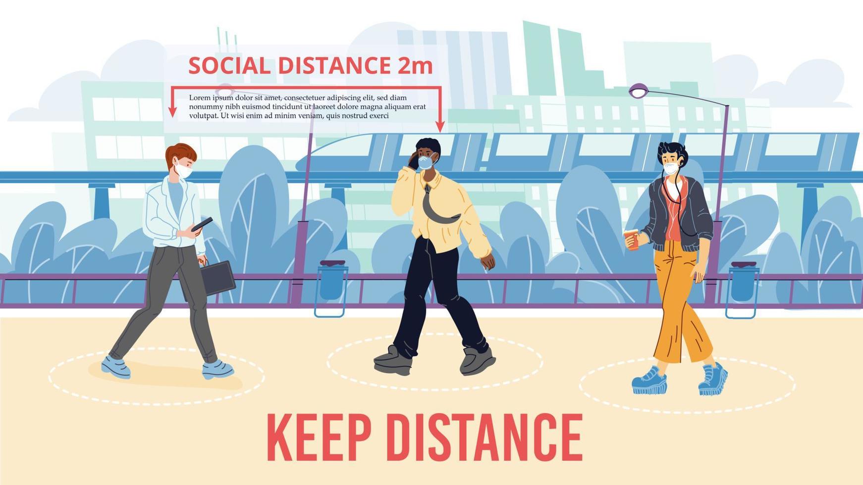 Keep safe two meter social distance during walk vector