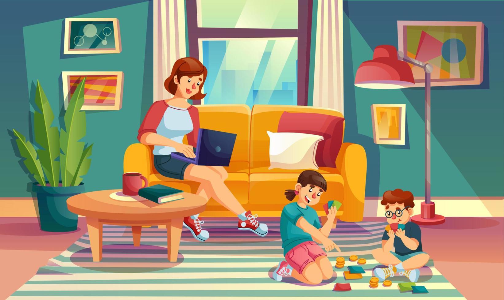 Mother children spend summer weekend time at home vector