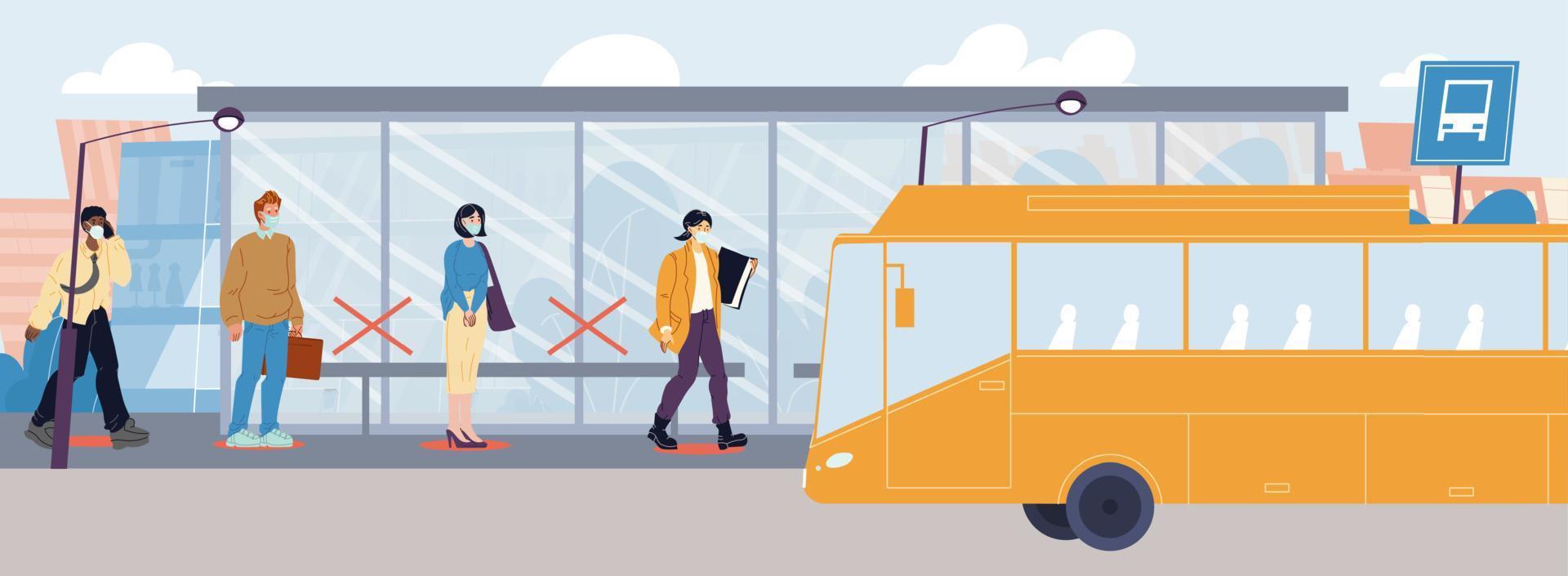 People in mask social distancing at bus station vector
