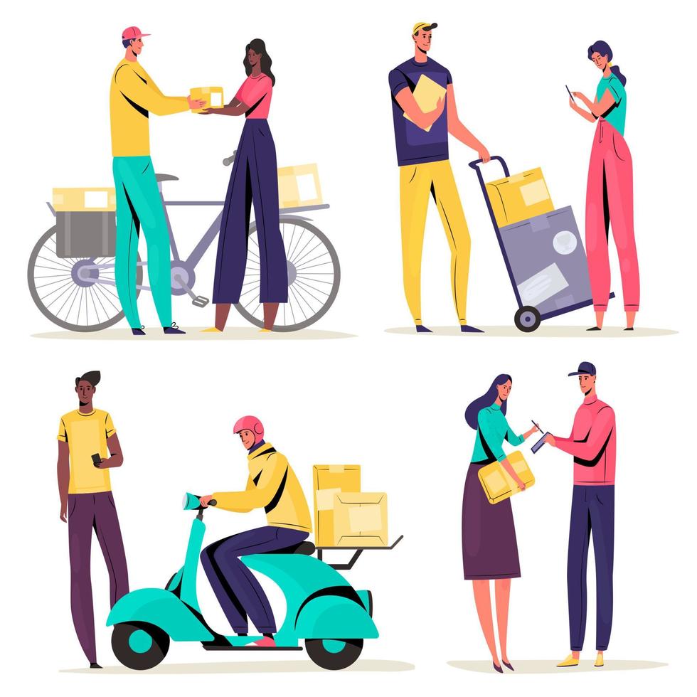 People getting parcel box from deliveryman set vector