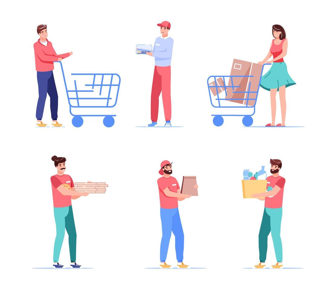 Couriers and clients cartoon people characters set vector