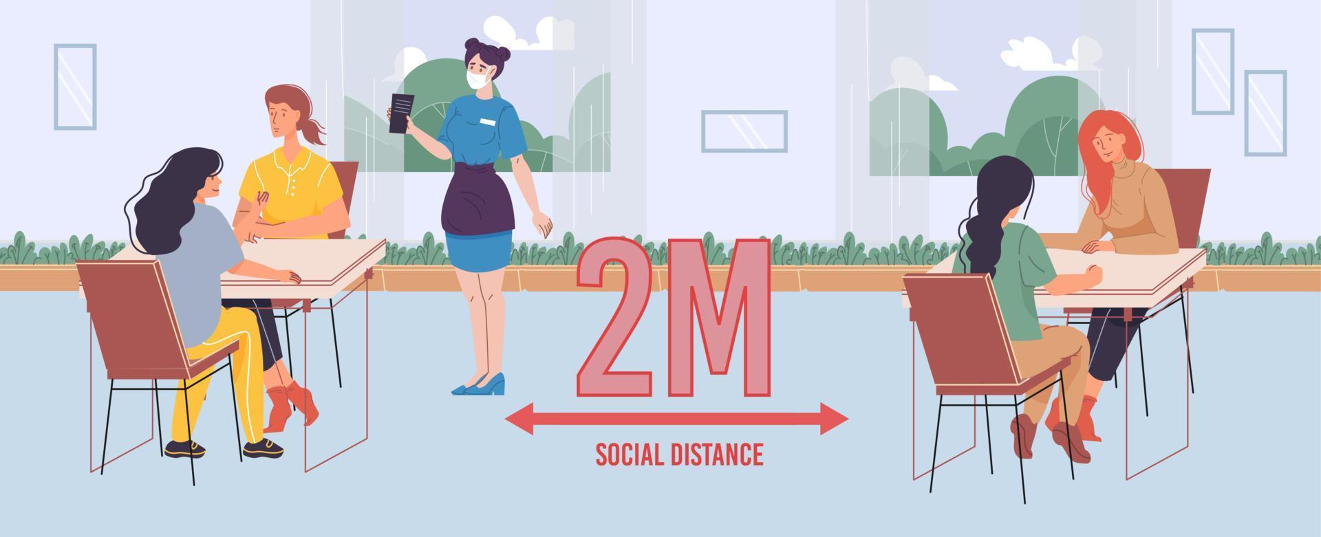 People keep two meter social distance in cafe vector