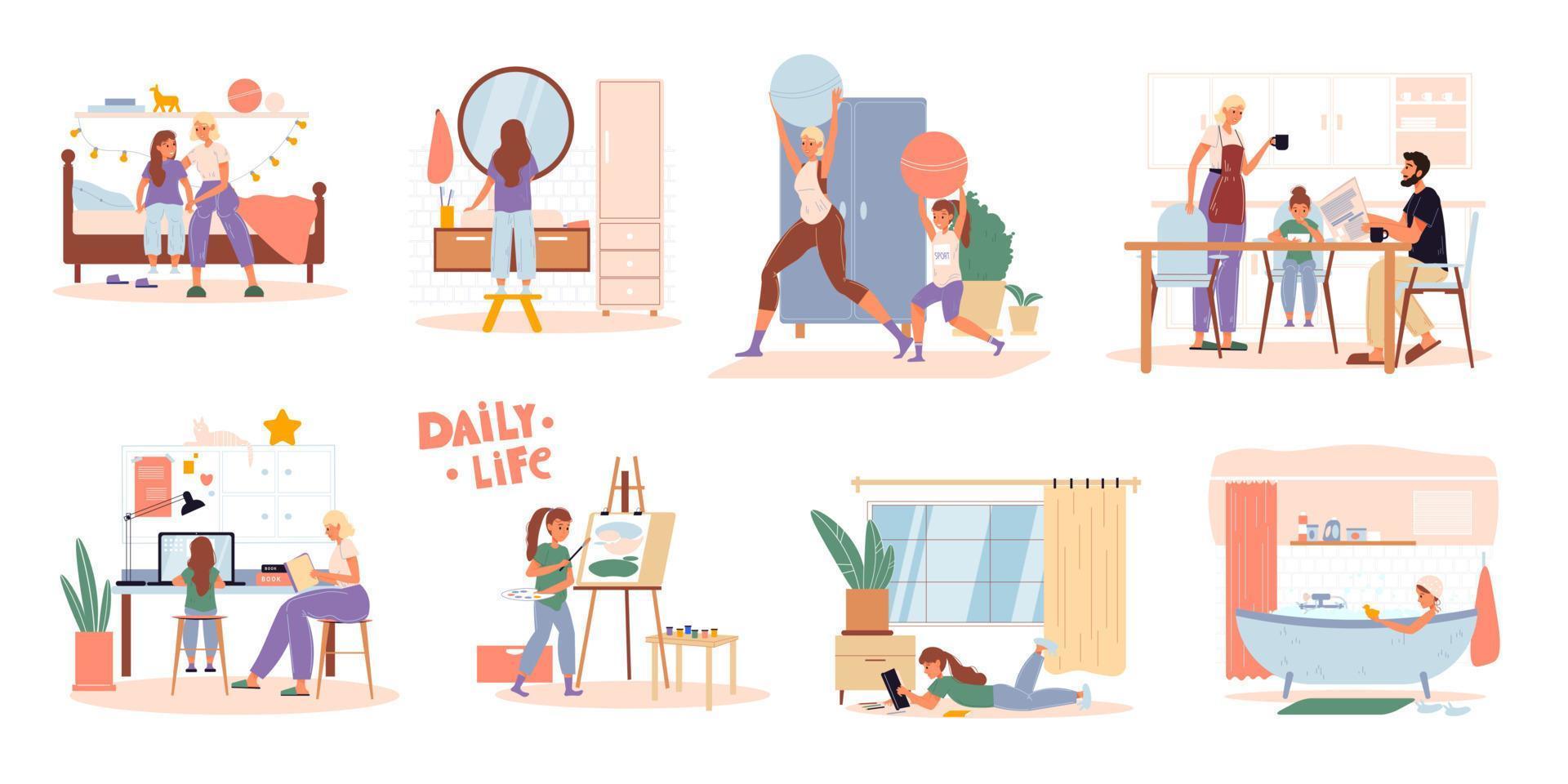 Family children daily routine activities scene set vector