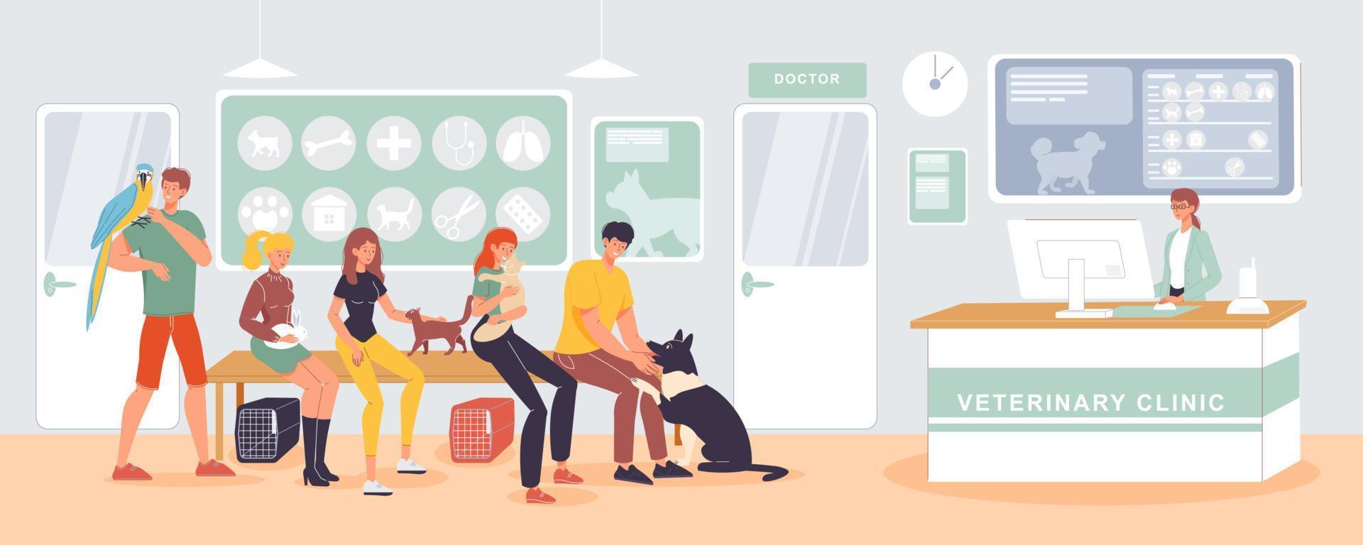 People pet queue at veterinary clinic reception vector