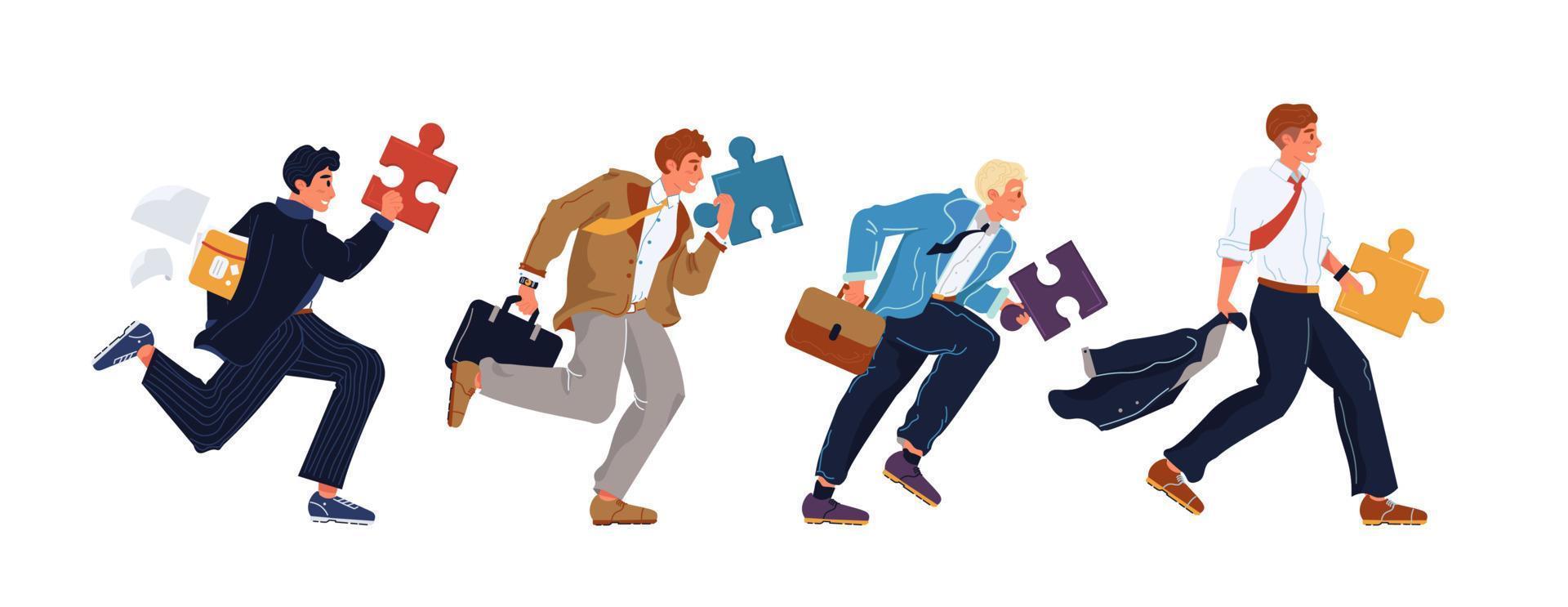 Businessman group running holding puzzle piece vector