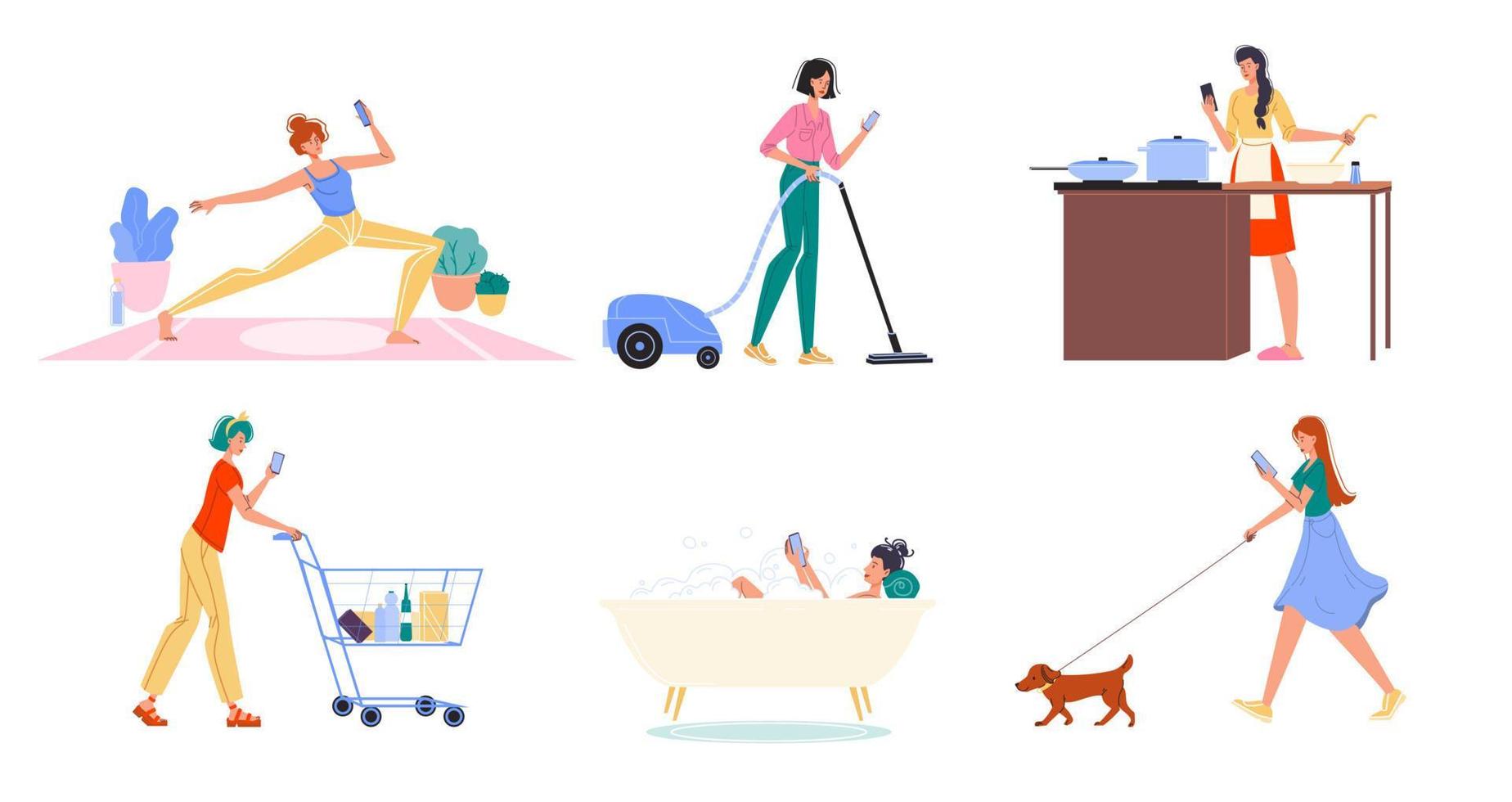Woman surfing internet spending time online set vector