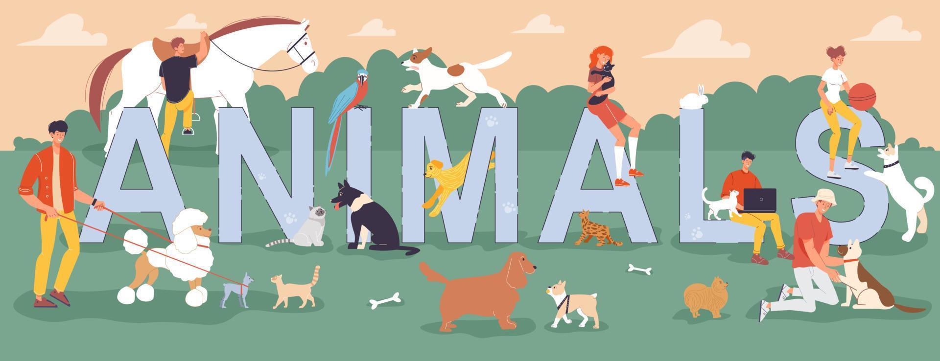 Tiny people walking pet over big letter animal vector