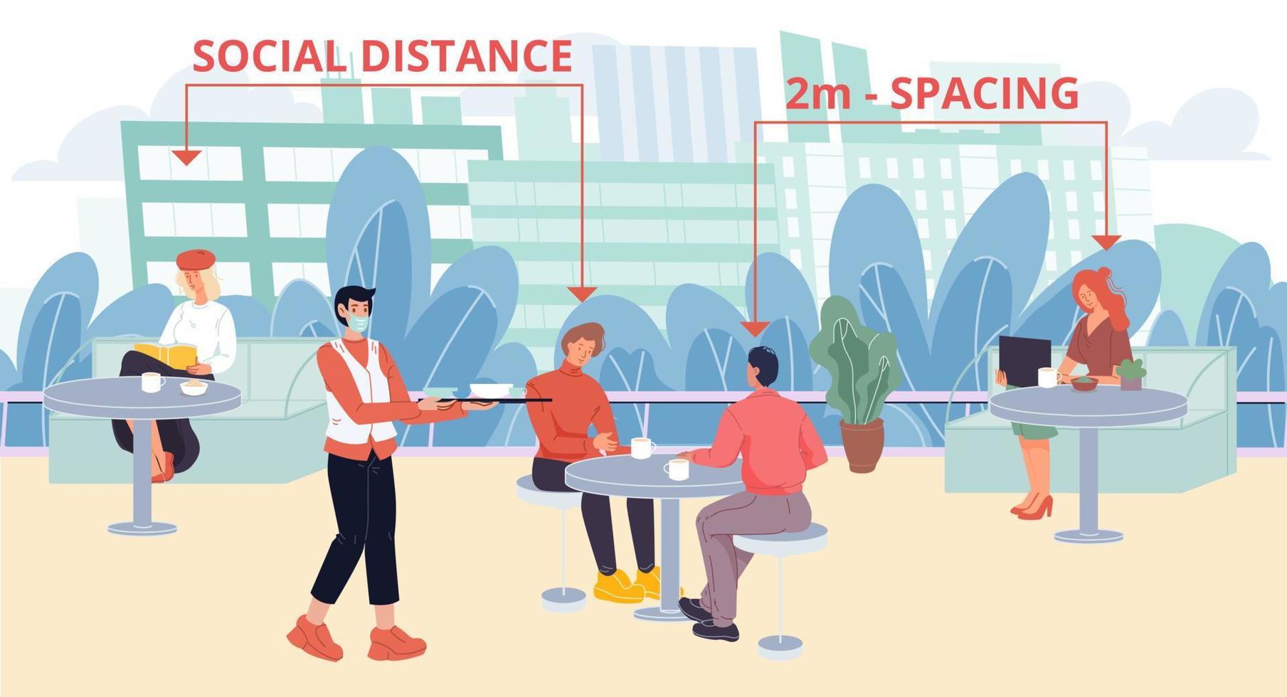 People keeping social distance on cafe terrace vector
