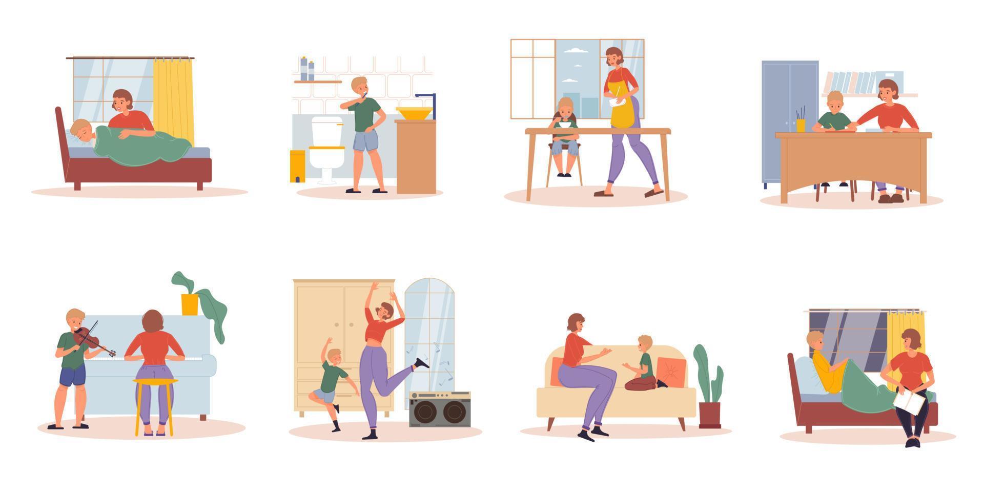 Mother son everyday activity daily life scene set vector