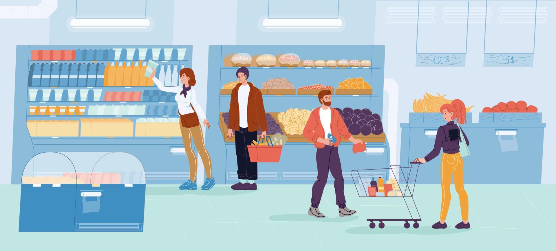 Daily family shopping in grocery store supermarket vector