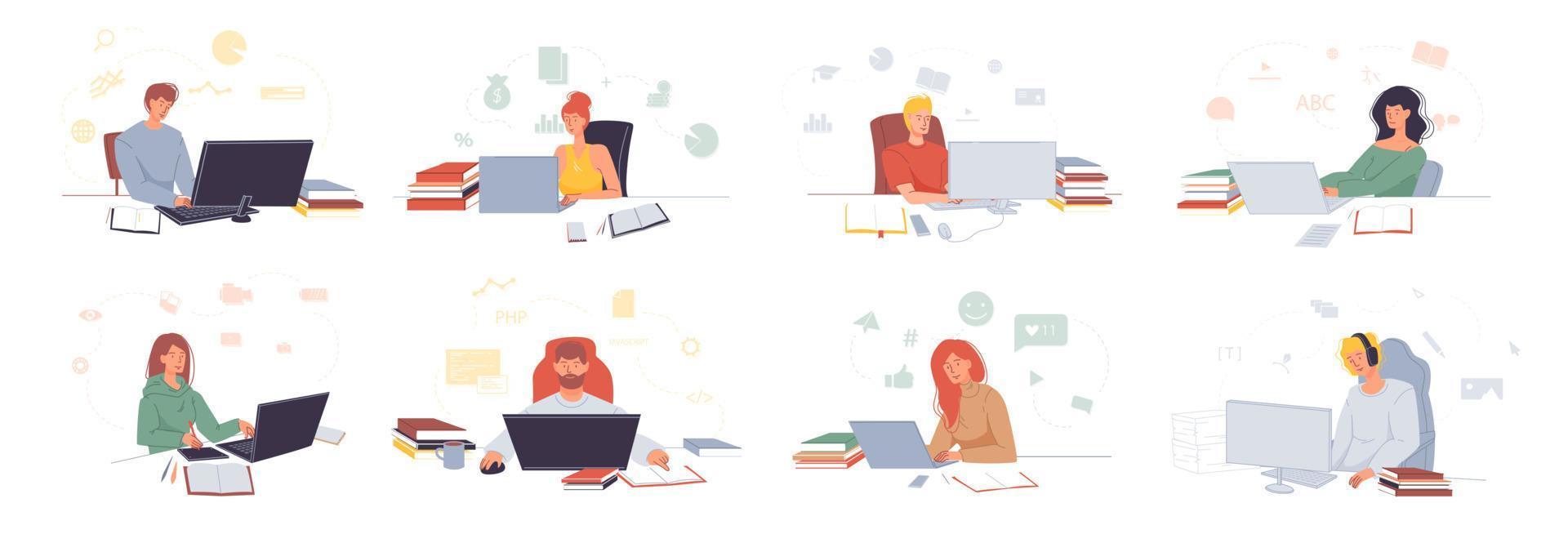 People working with laptop at home, in office set vector