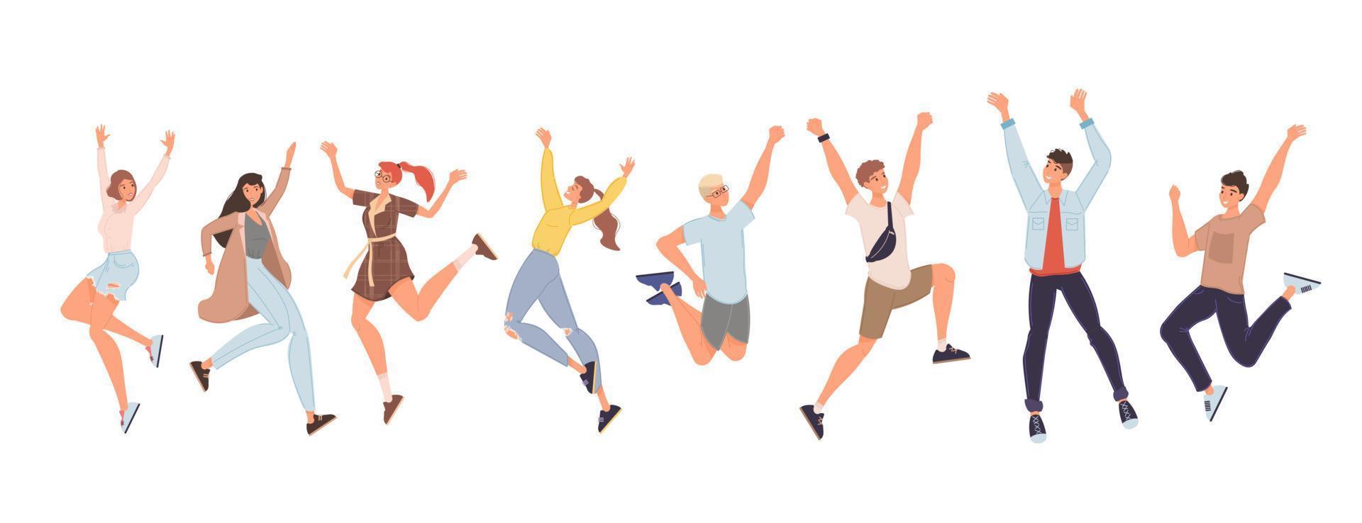 Happy people jumping high giving high five set vector