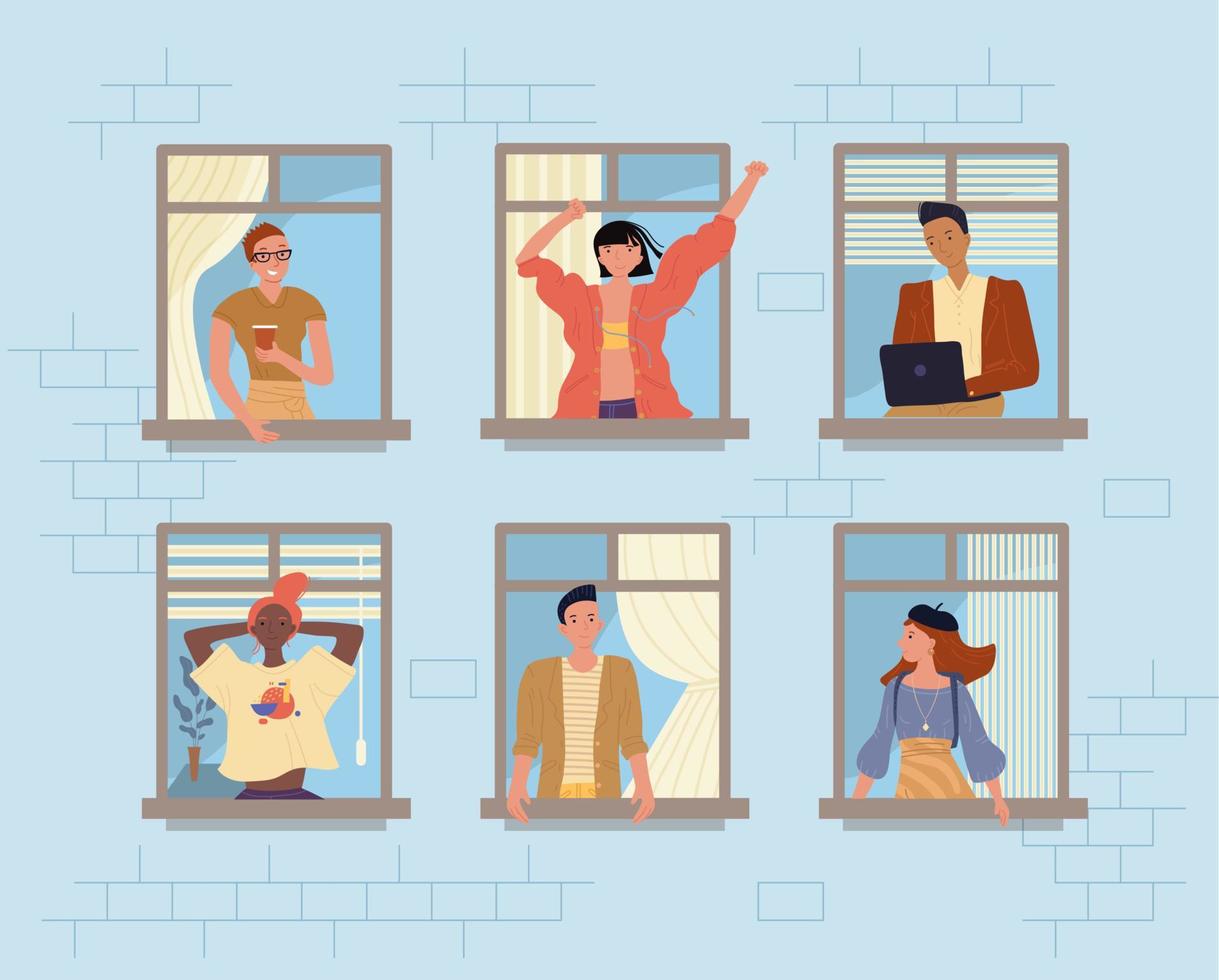 Neighbors in window building facade stay home vector
