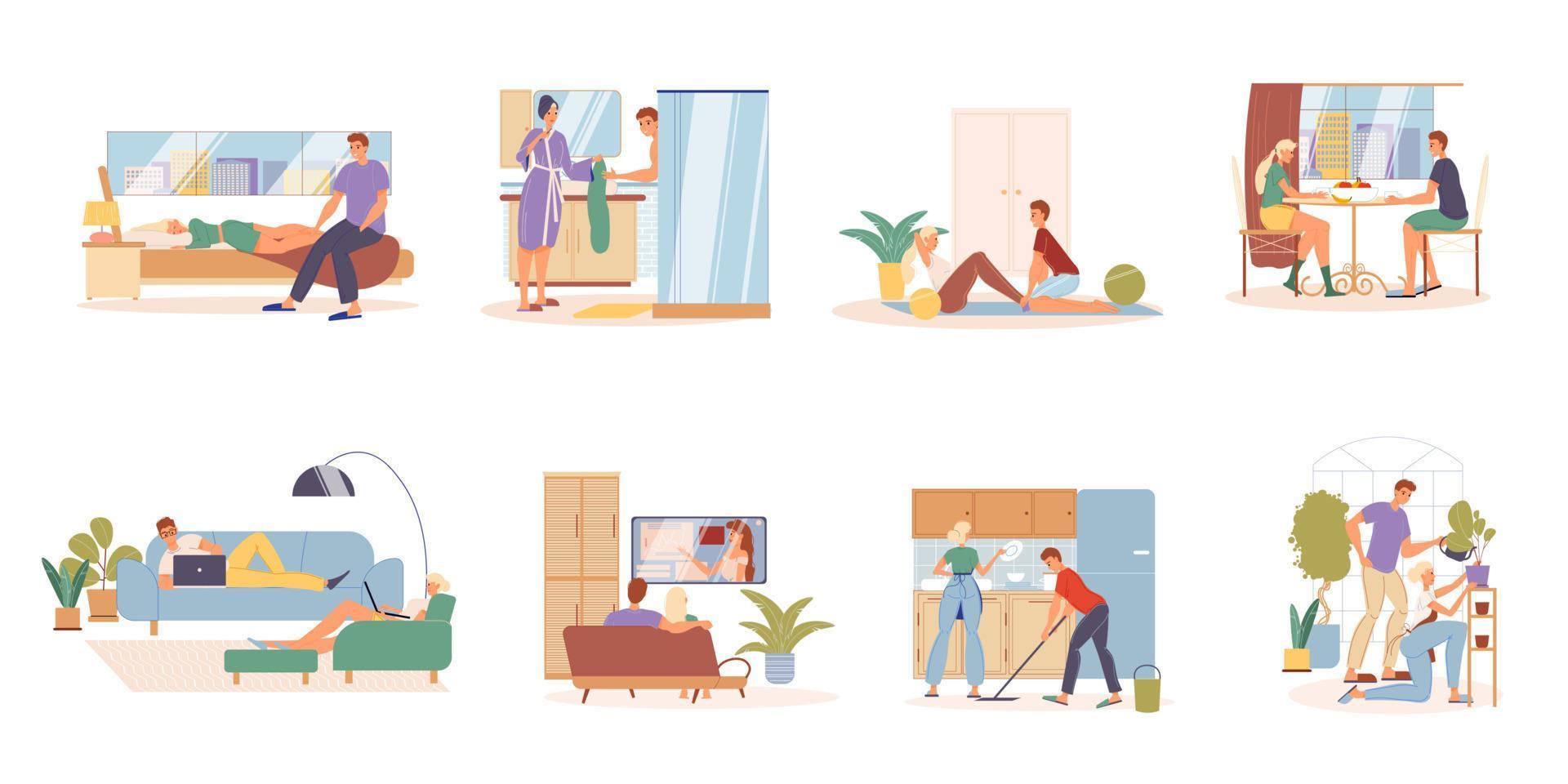 Young married couple daily routine schedule set vector