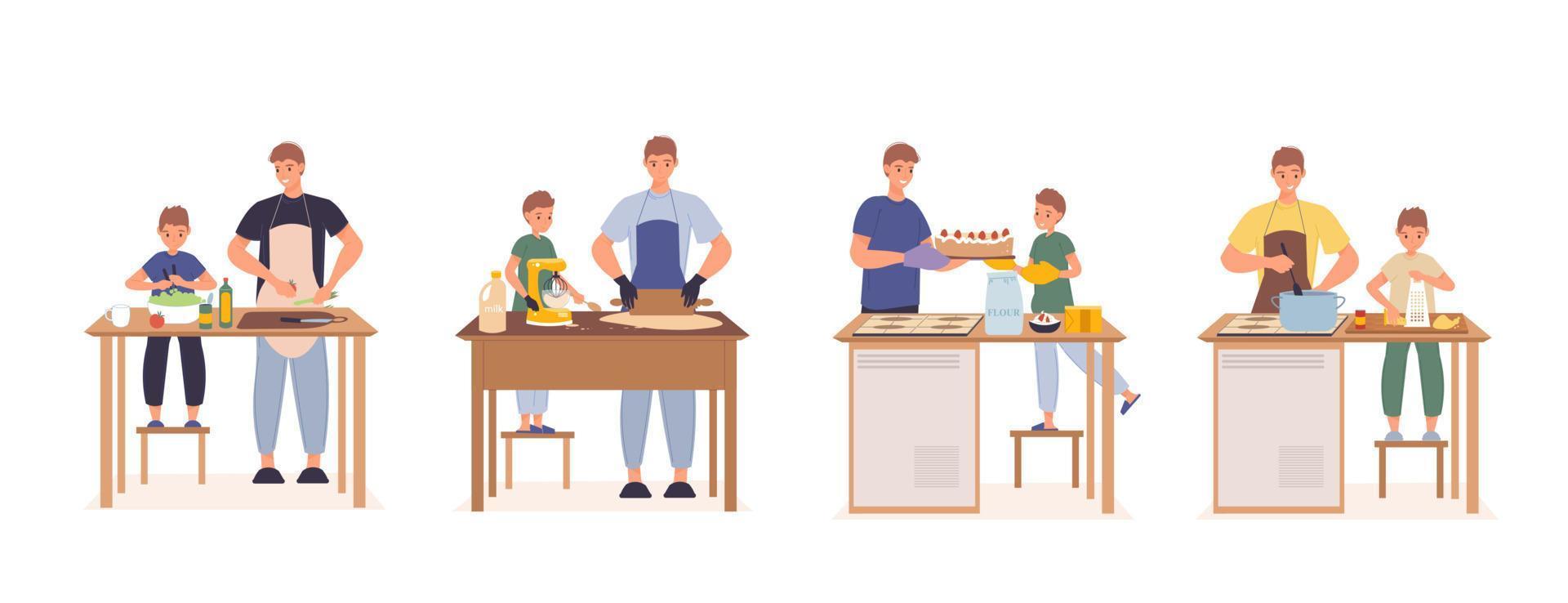 Happy father son cooking together at kitchen set vector