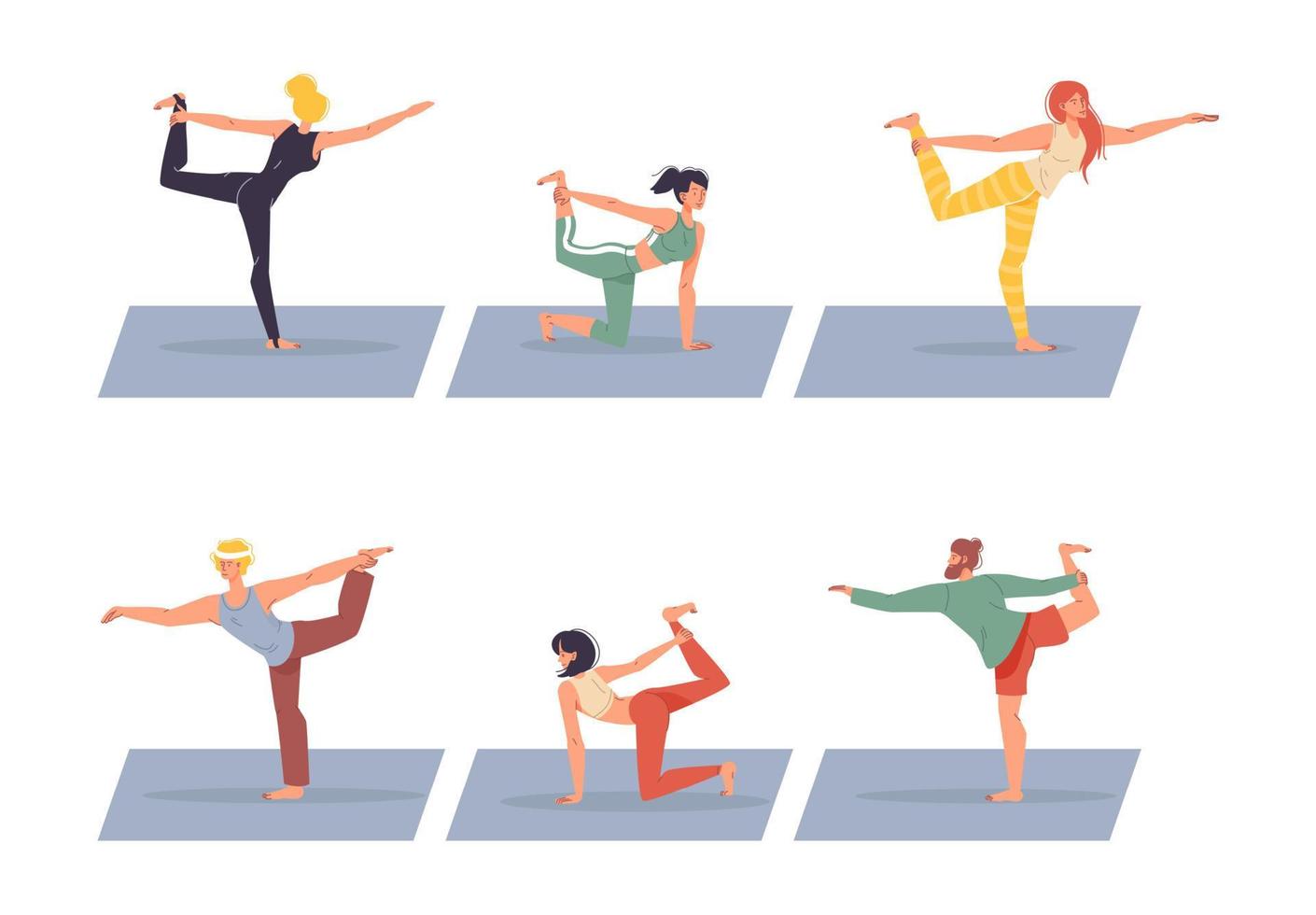 Diverse people character doing yoga isolated set vector