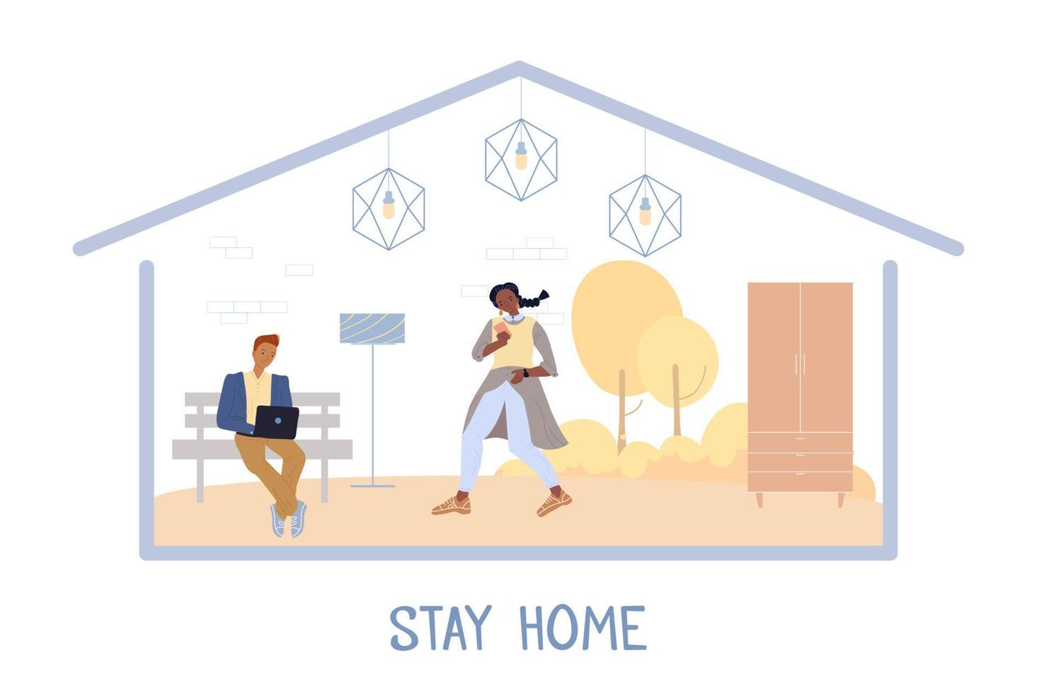 People communicating working distantly stay home vector