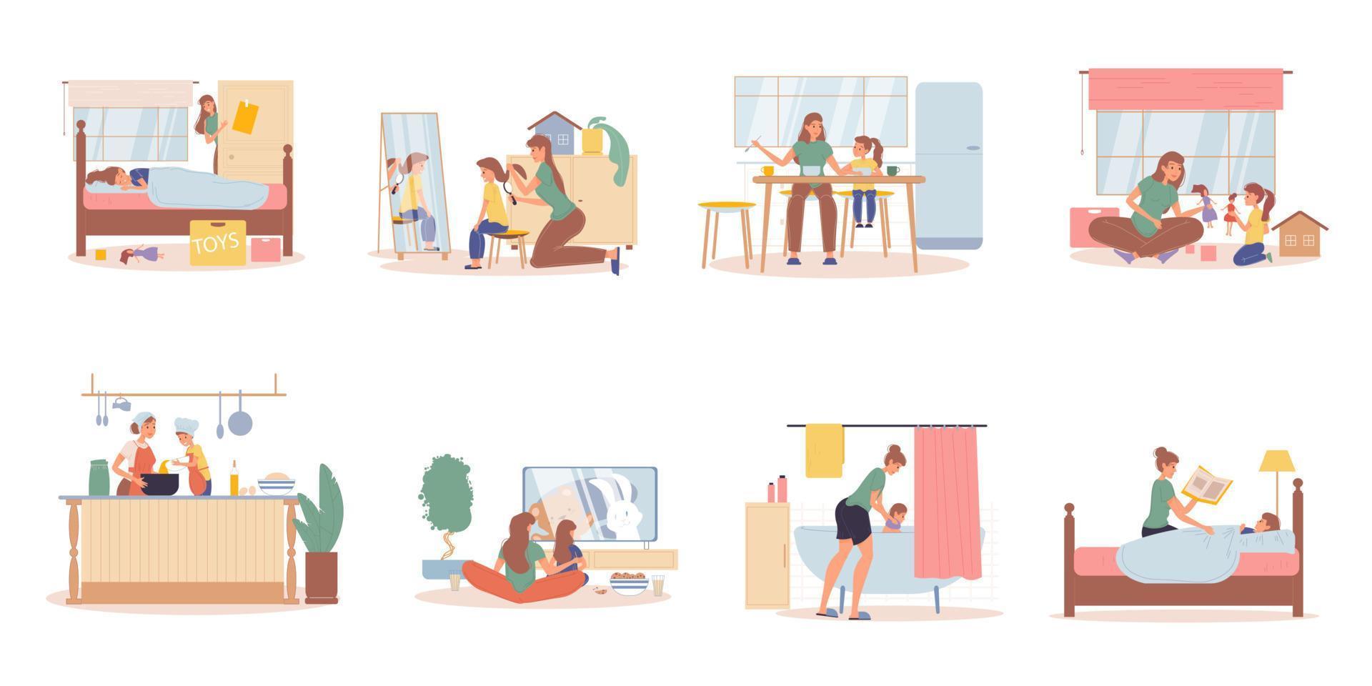 Mother daughter daily life activities scene set vector