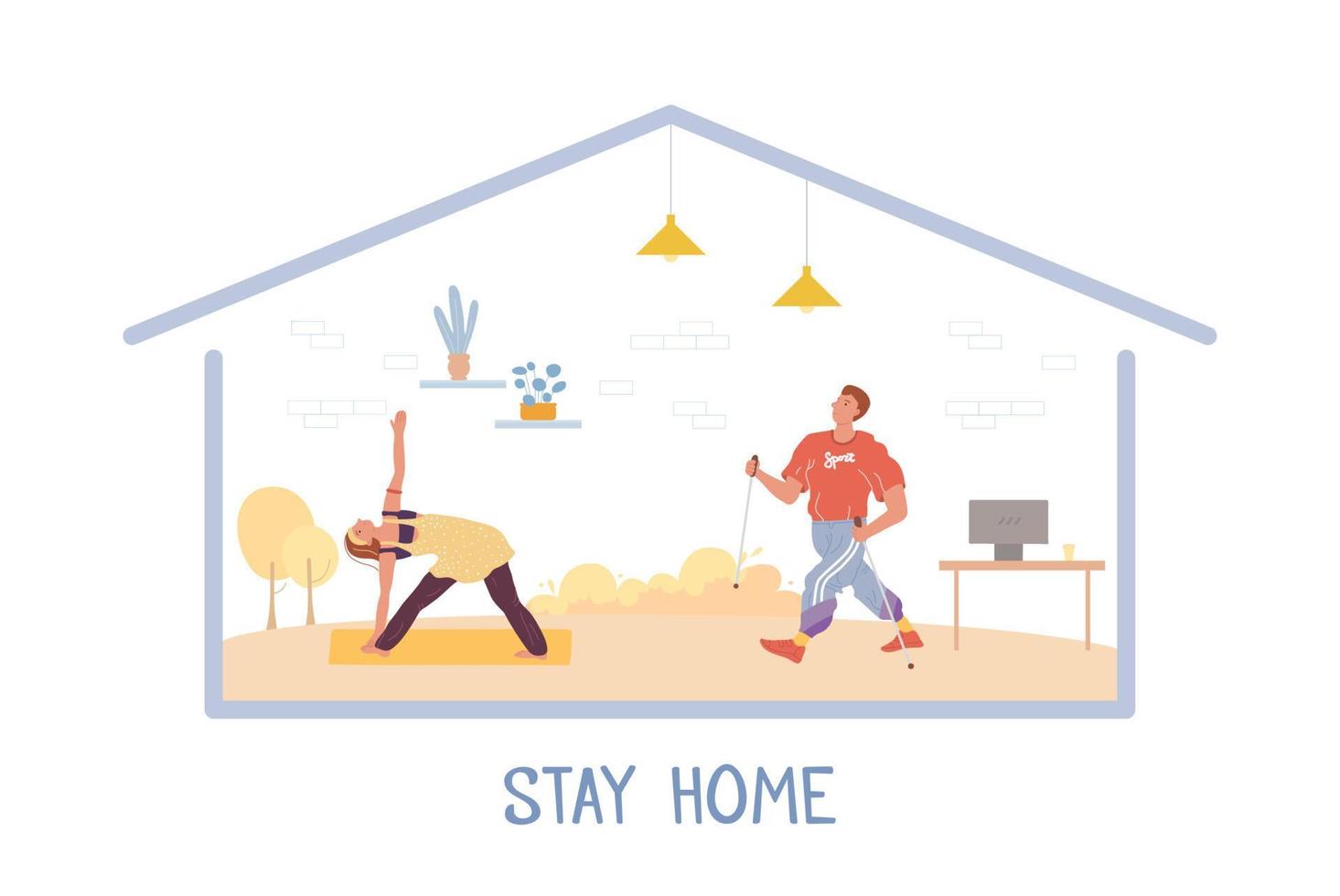 Active sport positive healthy people stay home vector