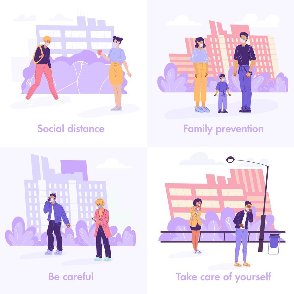 People wearing facial mask keep safe distance set vector