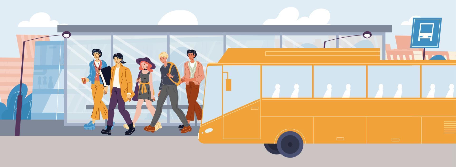 las personas sin máscara se bajan del autobús en la parada de transporte vector