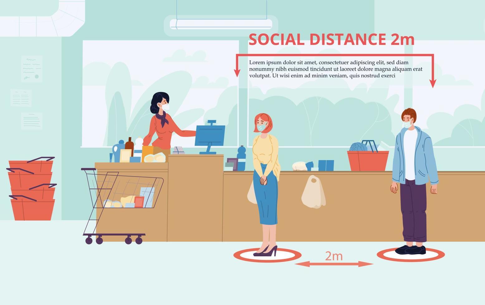 Man woman keep social distance two meter at shop vector