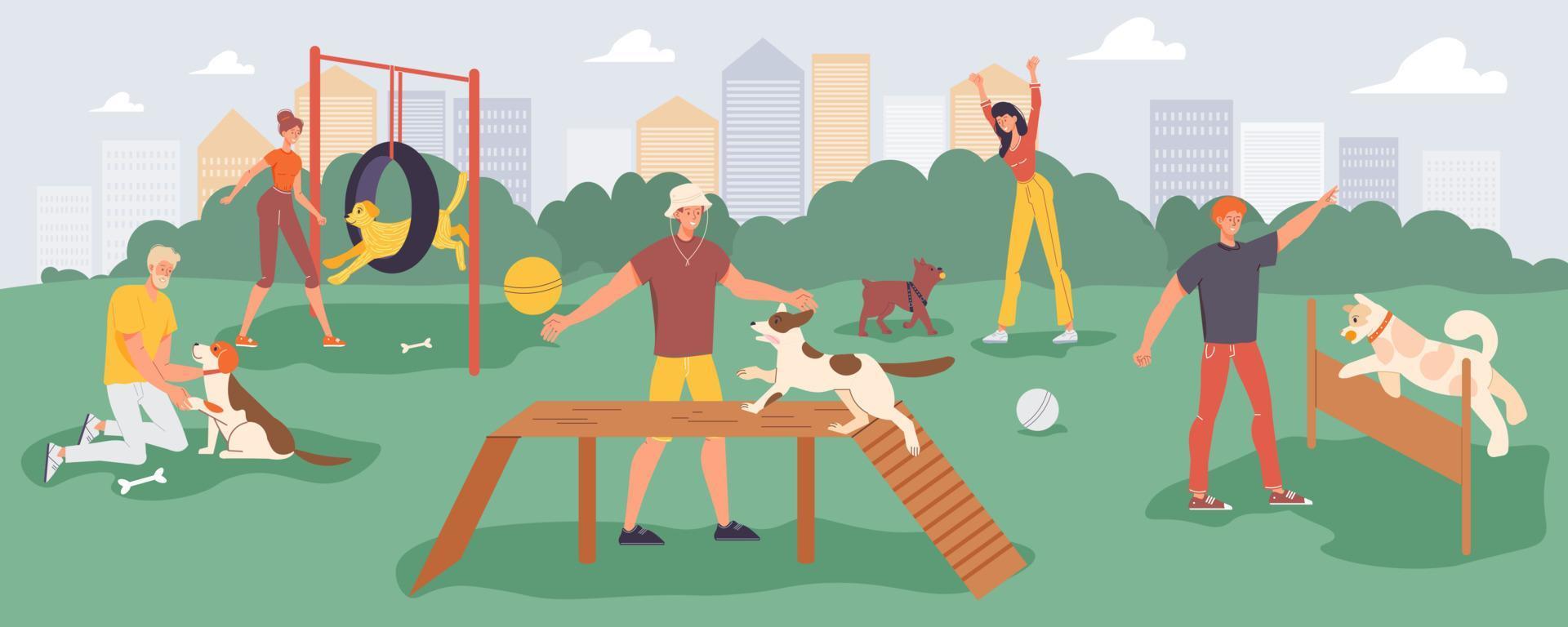 People training playing pet on walk at playground vector