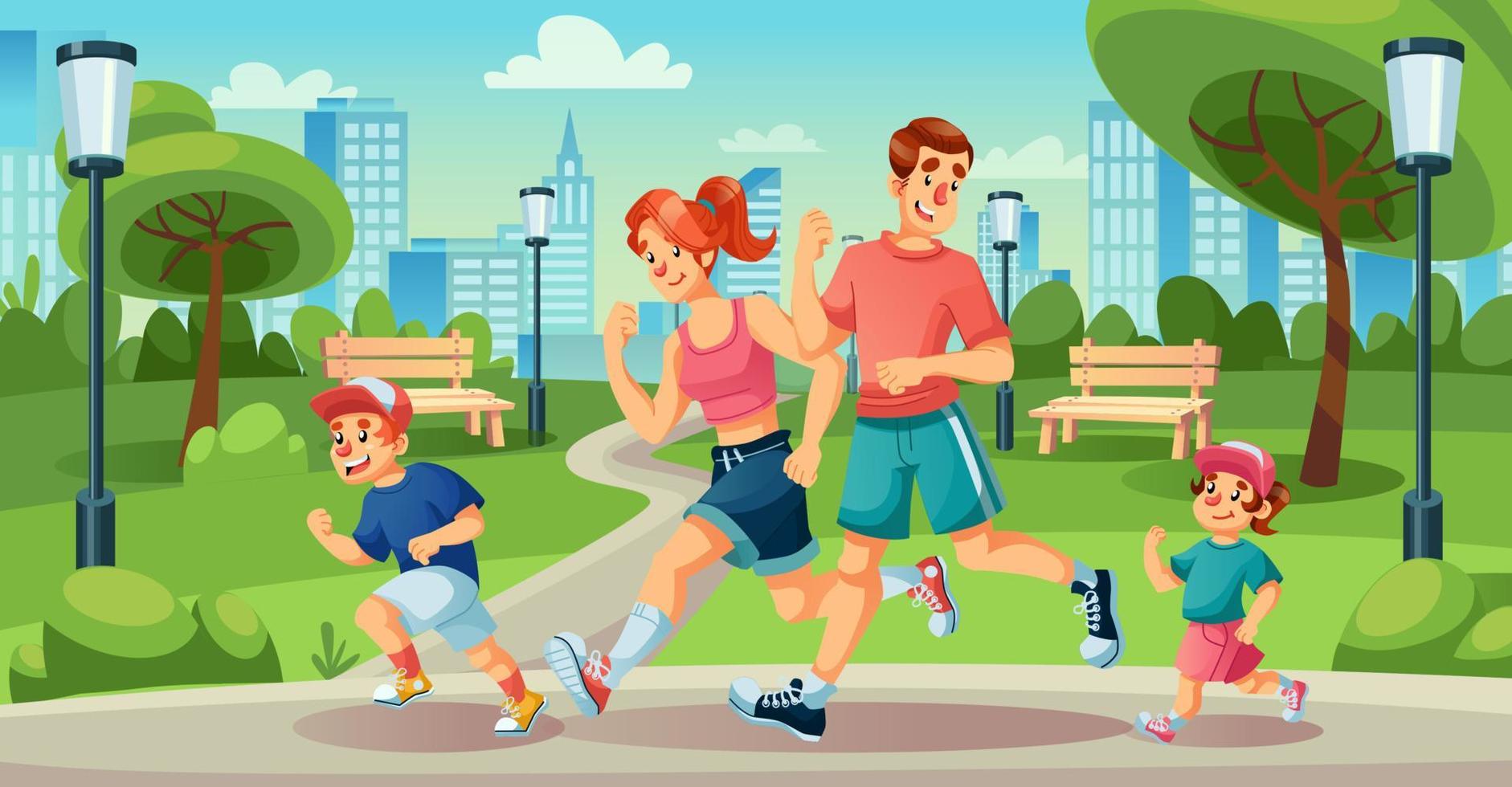 Happy family children jogging in summer city park vector