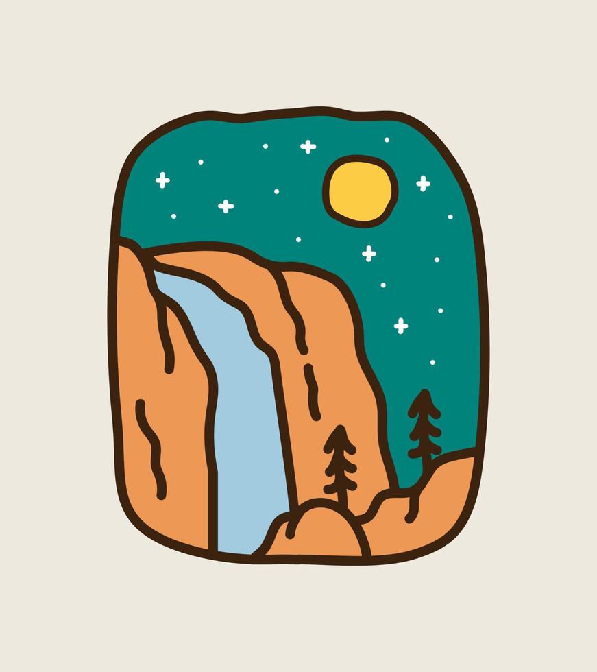 acampar en la cascada del niágara, aventura línea salvaje insignia parche pin emblema ilustración gráfica arte vectorial diseño de camisetas vector